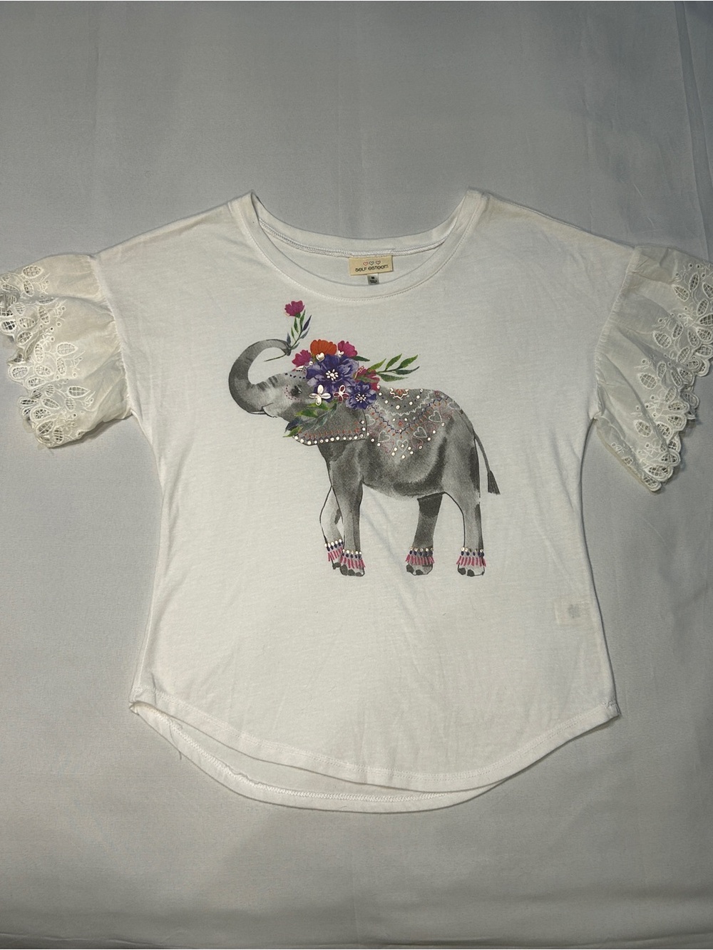 Self Esteem White Short Lace Flutter Sleeve Blouse/Top/Shirt Floral Elephant